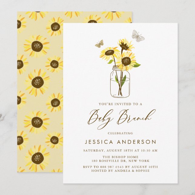 Yellow Sunflowers in Mason Jar Summer Baby Brunch Invitation (Front/Back)