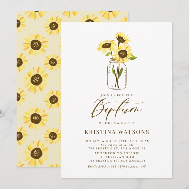 Yellow Sunflowers in Mason Jar Summer Baptism Invitation (Front/Back)