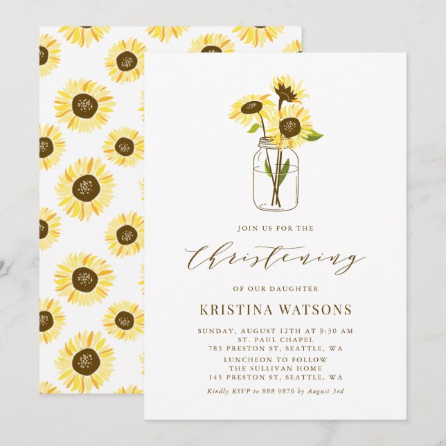 Yellow Sunflowers in Mason Jar Summer Christening Invitation (Front/Back)