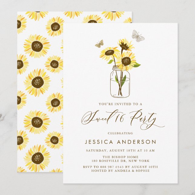 Yellow Sunflowers in Mason Jar Sweet 16 Party Invitation (Front/Back)