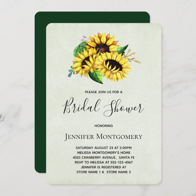 Yellow Sunflowers in Watercolor Bridal Shower Invitation (Front/Back)