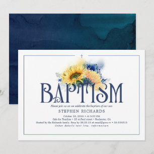 Yellow Sunflowers Navy Blue Fall Baptism Invitation
