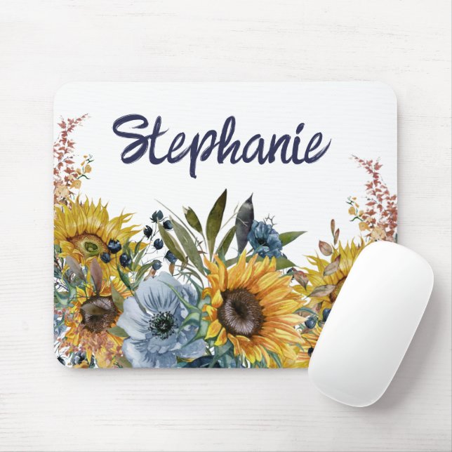 Yellow Sunflowers Navy Blue Floral Name  Mouse Mat (With Mouse)