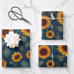 Yellow Sunflowers on a Blue Background Wrapping Paper Sheet