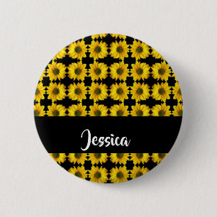 Yellow sunflowers on black 6 cm round badge
