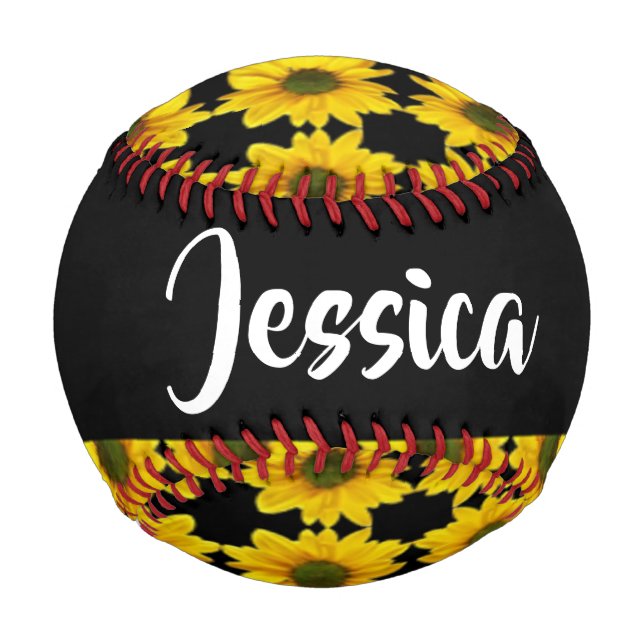 Yellow sunflowers on black baseball (Front)