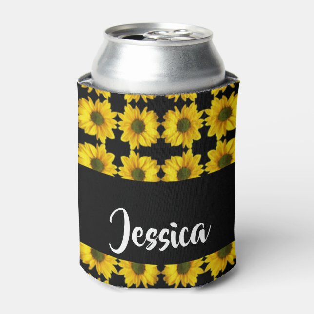 Yellow sunflowers on black can cooler (Can Front)