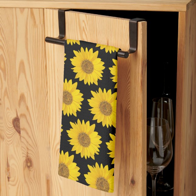 Yellow Sunflowers on Black Floral Tea Towel (Thirds Fold)