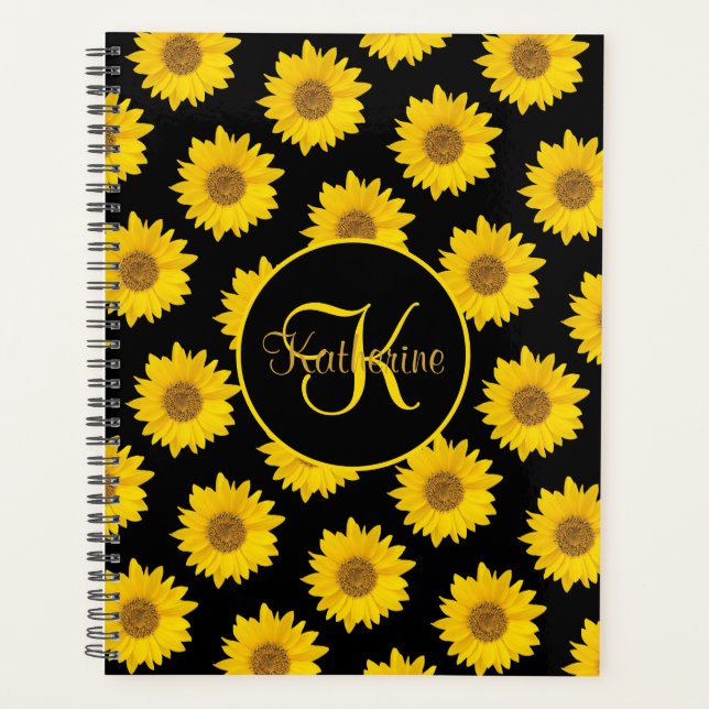Yellow Sunflowers on Black Monogram Planner (Front)