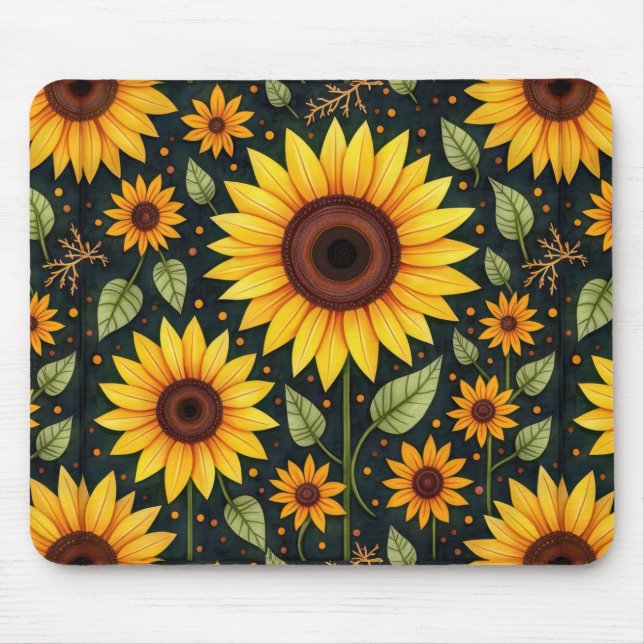 Yellow Sunflowers On Black Mouse Mat (Front)