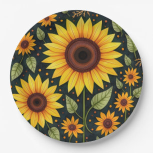 Yellow Sunflowers On Black Paper Plate