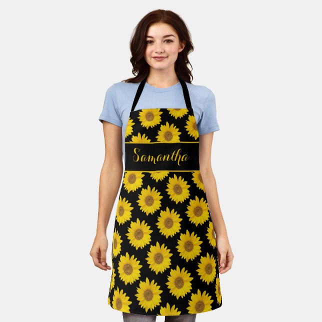 Yellow Sunflowers on Black Personalised Apron (Worn)