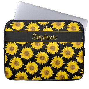 Yellow Sunflowers on Black Personalised Laptop Sleeve