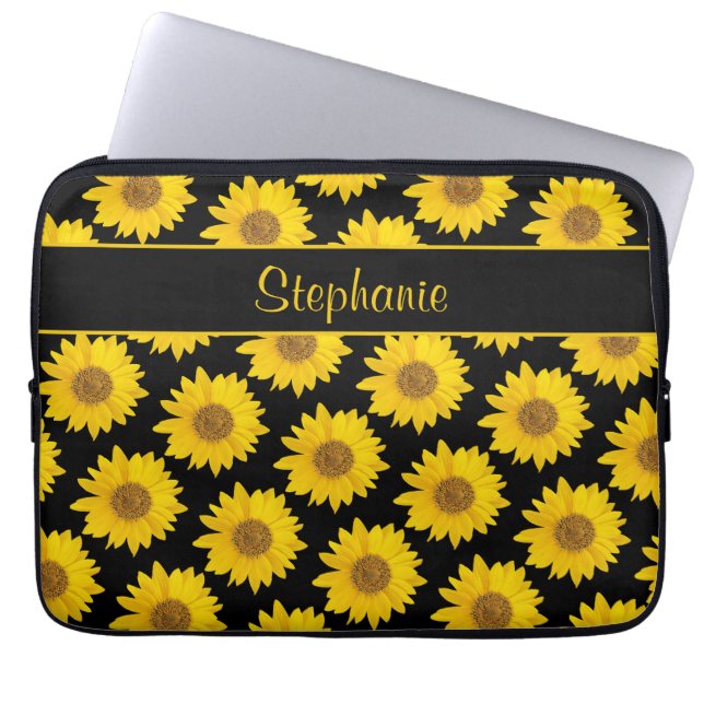 Yellow Sunflowers on Black Personalised Laptop Sleeve (Front)