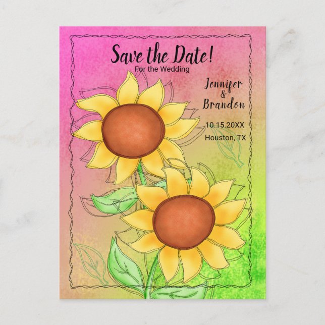 Yellow Sunflowers on Textured Pink Green Floral Announcement Postcard (Front)