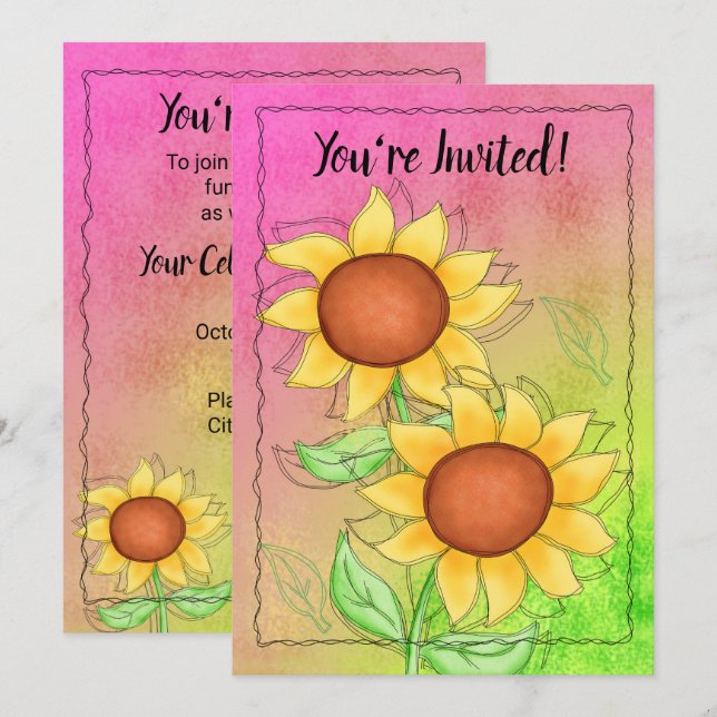 Yellow Sunflowers on Textured Pink Green Floral Invitation (Front/Back)