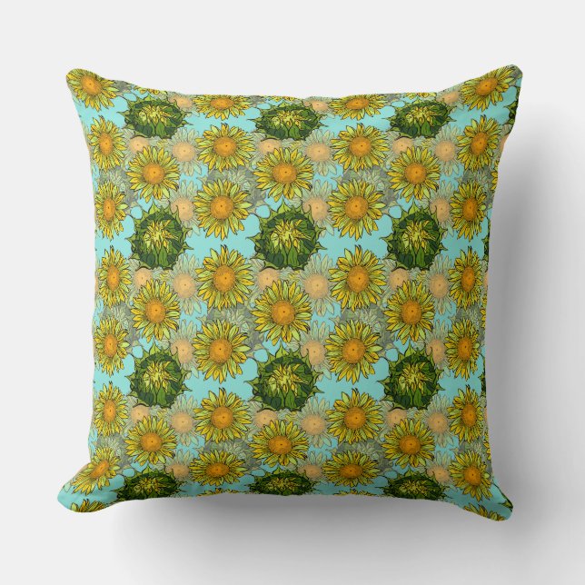 Yellow Sunflowers Pattern with Foliage and Buds    Cushion (Front)