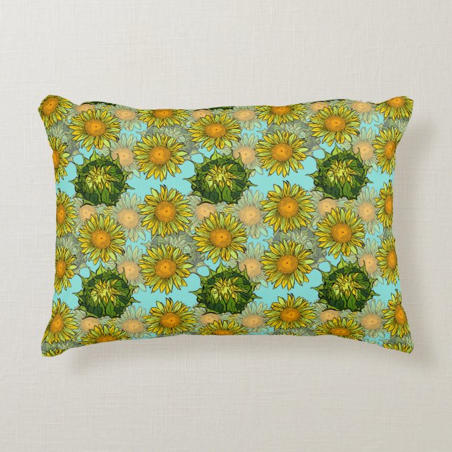 Yellow Sunflowers Pattern with Foliage and Buds   Decorative Cushion (Front)