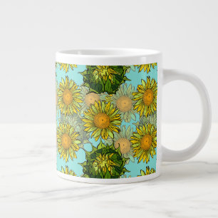 Yellow Sunflowers Pattern with Foliage and Buds    Large Coffee Mug