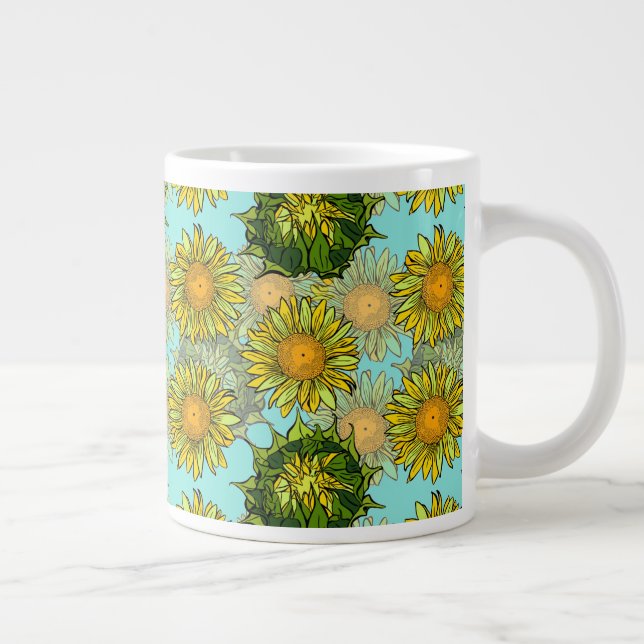 Yellow Sunflowers Pattern with Foliage and Buds    Large Coffee Mug (Right)