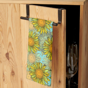 Yellow Sunflowers Pattern with Foliage and Buds Tea Towel