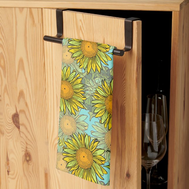 Yellow Sunflowers Pattern with Foliage and Buds   Tea Towel (Thirds Fold)