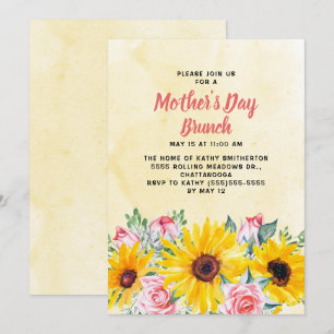 Yellow Sunflowers Pink Roses Mother's Day Brunch Invitation