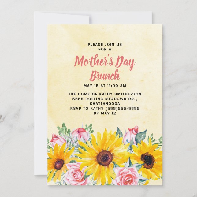 Yellow Sunflowers Pink Roses Mother's Day Brunch Invitation (Front)