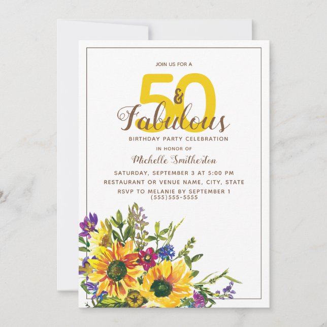 Yellow Sunflowers Purple Floral 50 Fabulous Invitation (Front)