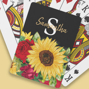 Yellow Sunflowers Red Roses Black Monogram Playing Cards