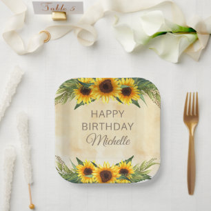 Yellow Sunflowers Rustic Country Happy Birthday  Paper Plate