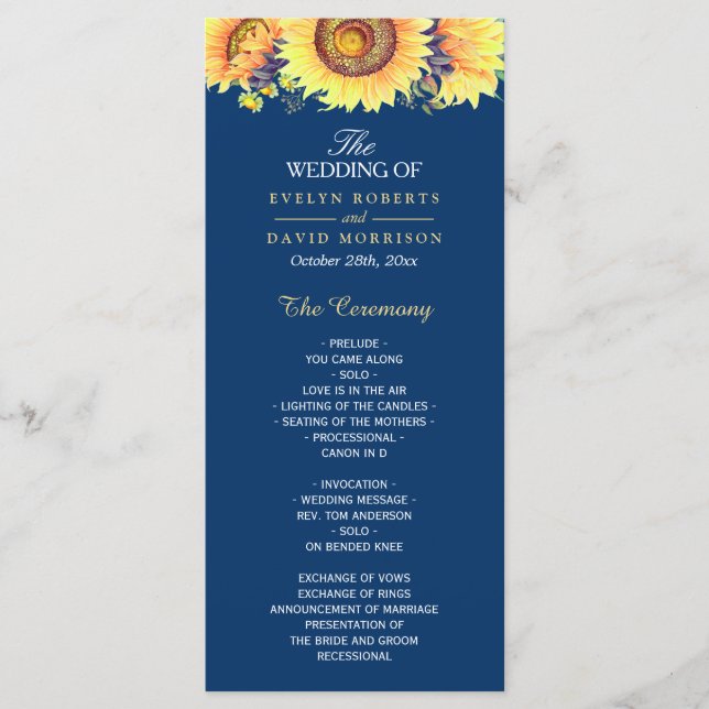 Yellow Sunflowers Rustic Navy Blue Wedding Program Programme (Front)