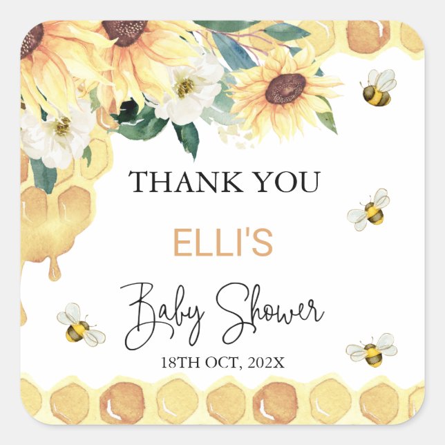 Yellow Sunflowers Sweet As Can Bee Baby Shower Square Sticker (Front)
