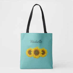 Yellow Sunflowers Teal Green Personalized  Tote Bag