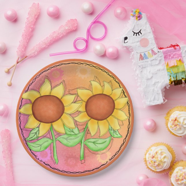 Yellow Sunflowers Textured Pink Green Floral Paper Plate (Party)