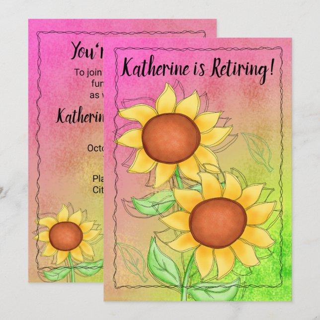 Yellow Sunflowers Textured Pink Green Retirement Invitation (Front/Back)