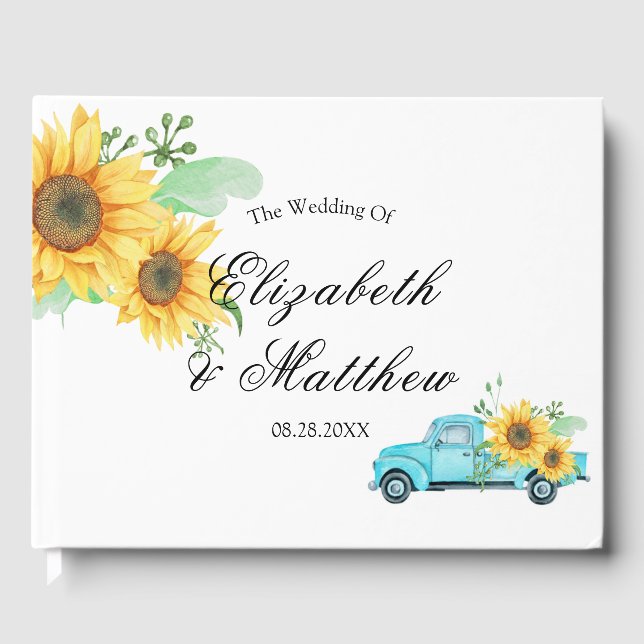 Yellow Sunflowers Turquoise Vintage Truck  Wedding Guest Book (Front)