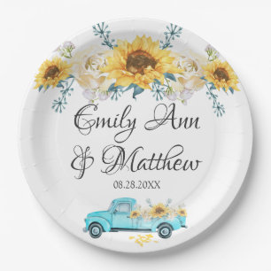 Yellow Sunflowers Turquoise Vintage Truck Wedding Paper Plate