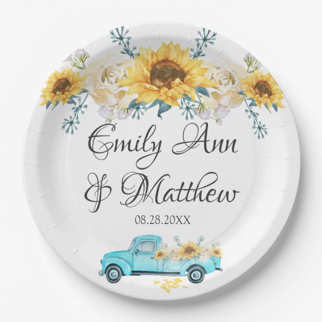 Yellow Sunflowers Turquoise Vintage Truck Wedding Paper Plate (Front)