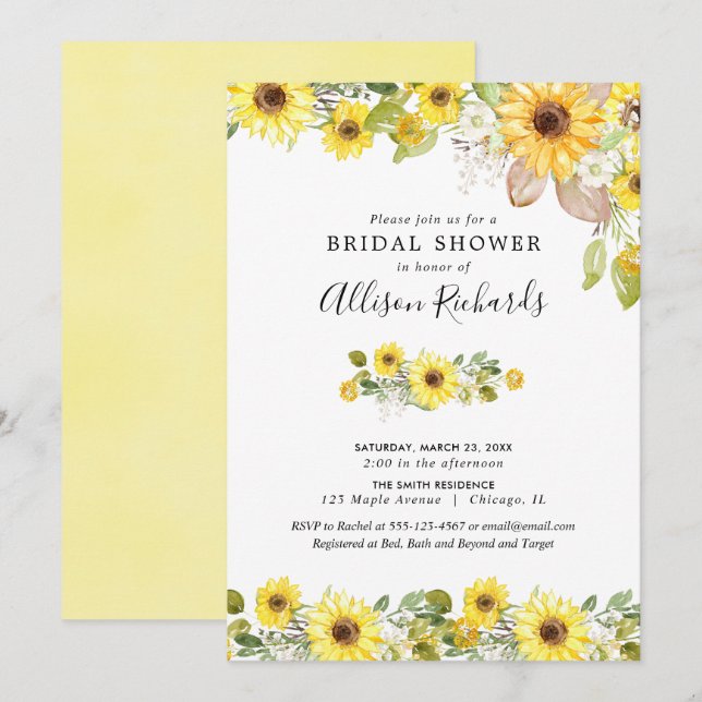 Yellow sunflowers watercolor bridal shower invitation (Front/Back)