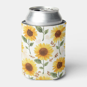 Yellow Sunflowers Watercolor Floral Whimsical Can Cooler