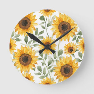 Yellow Sunflowers Watercolor Flower Painting Round Clock