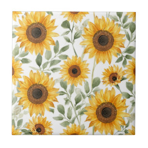 Yellow Sunflowers Watercolor Flower Painting Tile