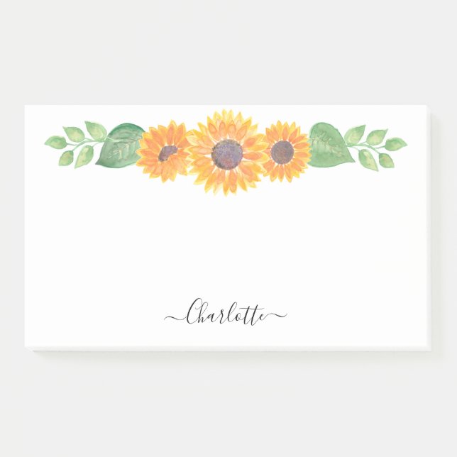 Yellow Sunflowers Watercolor Foliage Personalised Post-it Notes (Front)