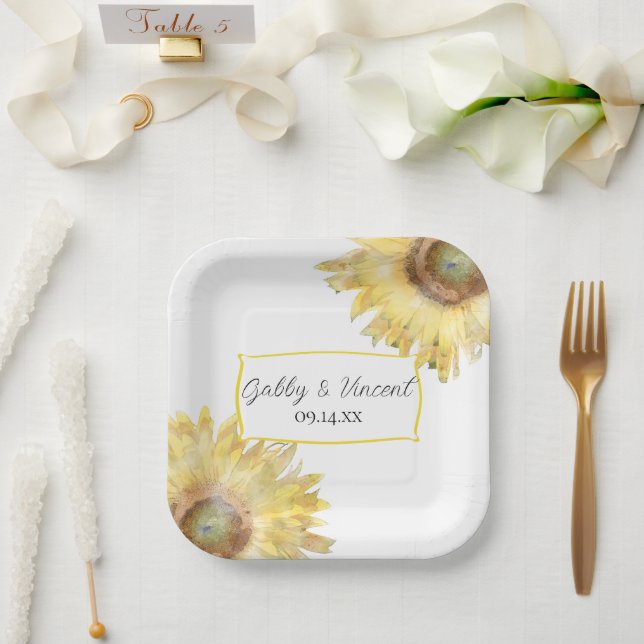 Yellow Sunflowers Watercolor Wedding   Paper Plate (Wedding)