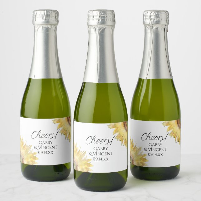 Yellow Sunflowers Watercolor Wedding Sparkling Wine Label (Bottles)