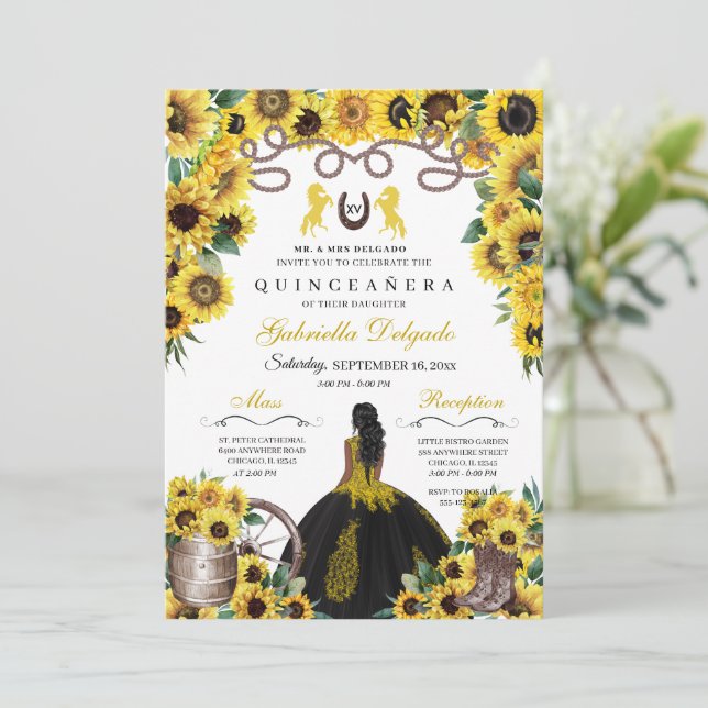 Yellow Sunflowers Western Charro Quinceanera Invitation (Standing Front)