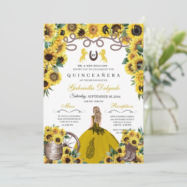 Yellow Sunflowers Western Charro Quinceanera Invitation (Standing Front)