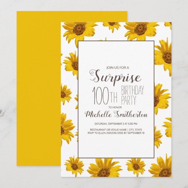 Yellow Sunflowers White 100th Birthday Party Invitation (Front/Back)