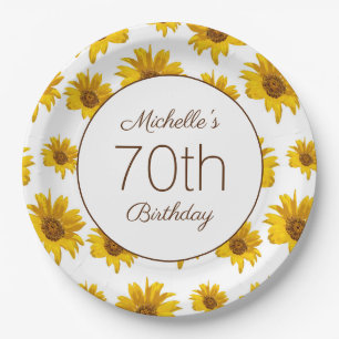 Yellow Sunflowers White 70th Birthday Paper Plate
